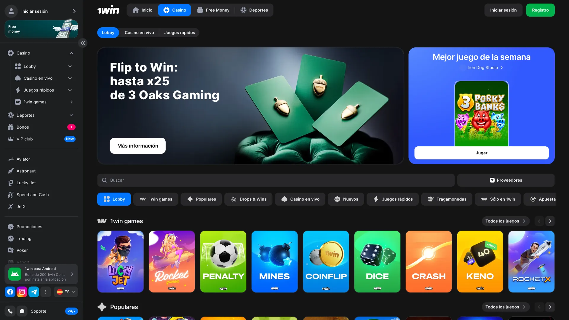 Sección de casino en 1win con juegos variados.