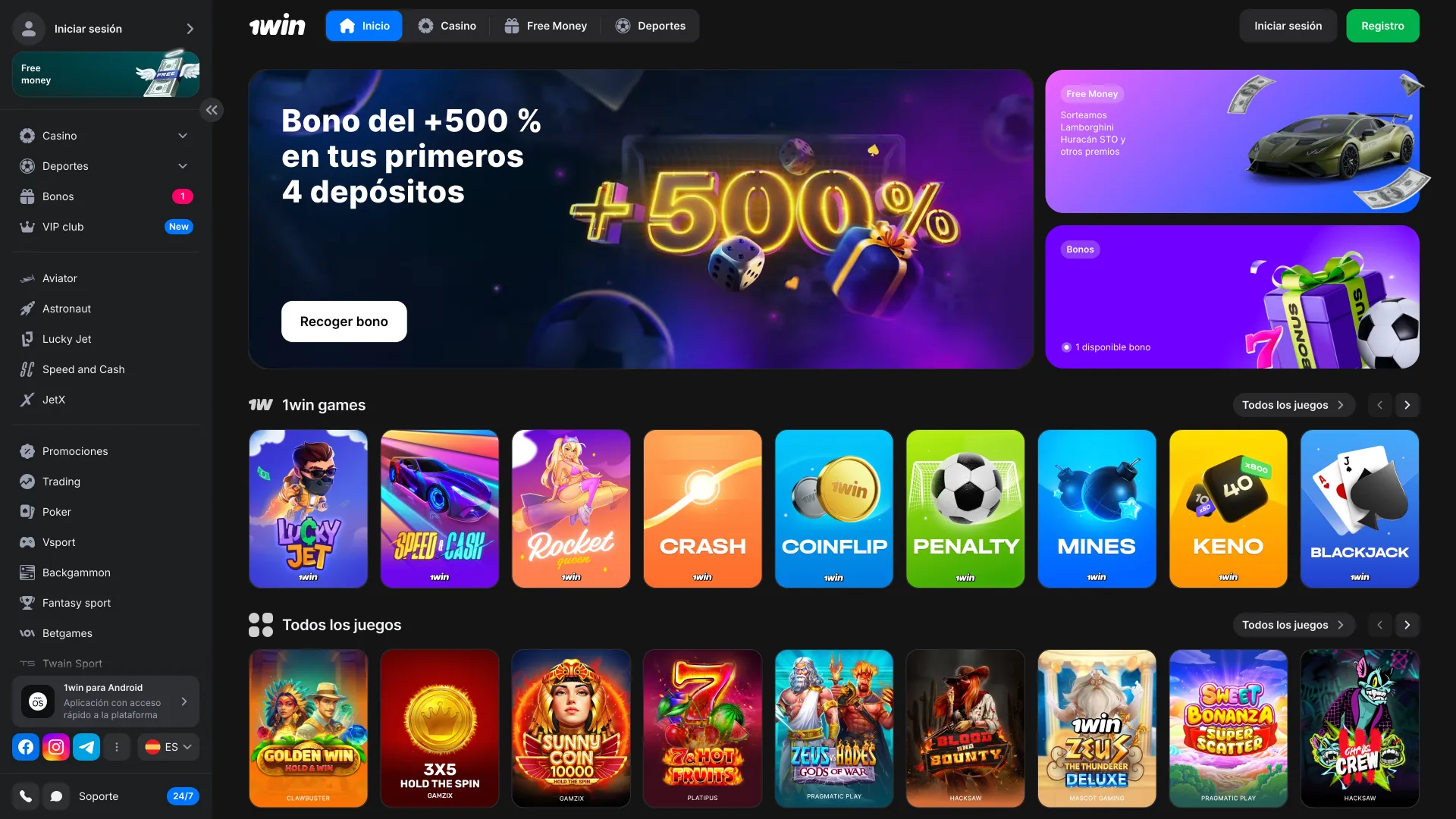 Página de inicio de 1win con acceso completo.